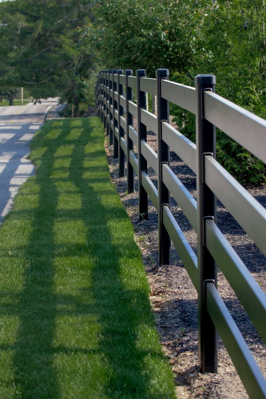 Buckley Fence 4-rail steel fence along a rural road